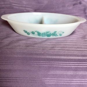 Vtg Glasbake Teal Aqua Divided Fruit Pattern Dish